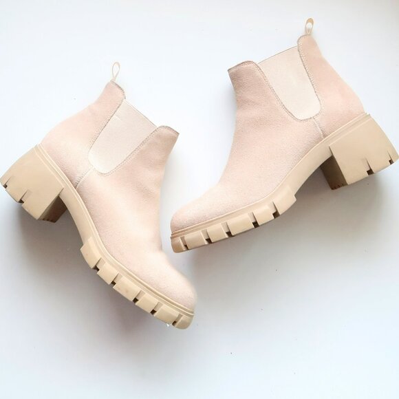 Steve Madden Howler Beige Suede Chelsea Ankle Boots Lug Sole Fall Chunky Booties - Picture 16 of 16